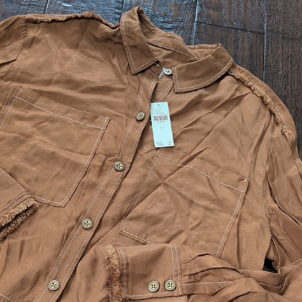 BY ANTHROPOLOGIE I NWT Copper Tan Brown Button-Up Shirt with Fringe Details, L